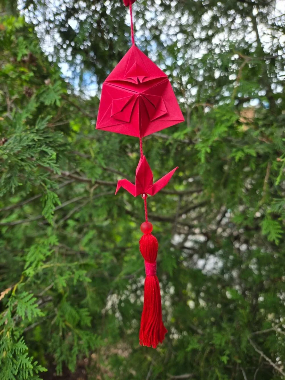 Handmade Origami Ornament | Red Crane Bell